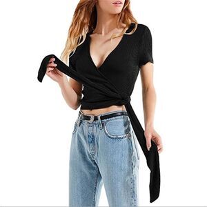 FOREVER 21 | NEW Black Short Sleeve Ribbed Wrap Top Women’s Size Large